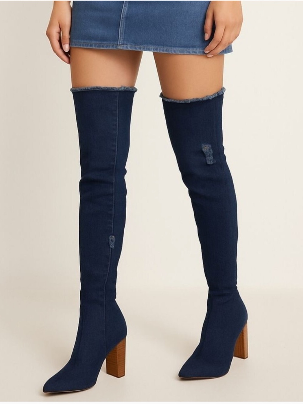 Over The Knee Boots 9 Pointed Toe Distressed Denim Tall Heels Y2K Block Heel
